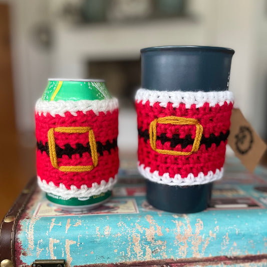 2 Pack Santa Belt Cup Can Cozies Huggies Koozies Hand Crocheted Indoor Outdoor Host Hostess Party Casual Gift Set Christmas Holiday