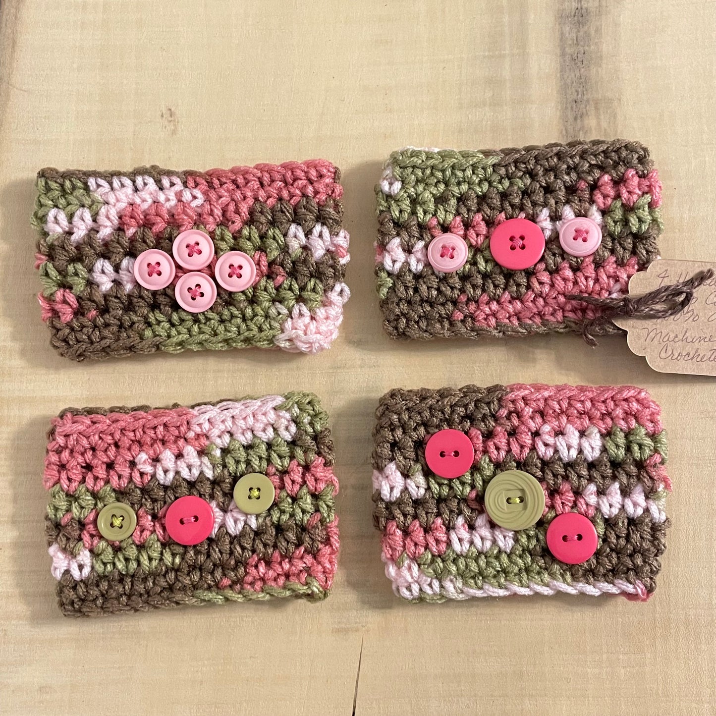 4 Pack Pink Camouflage Multicolor Cup Can Cozies Huggies Koozies Button Accent Hand Crocheted Camo Indoor Outdoor Host Hostess Party Casual Gift Set