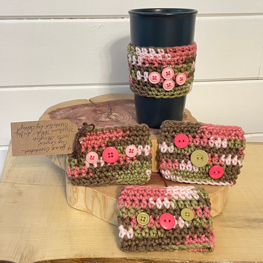 4 Pack Pink Camouflage Multicolor Cup Can Cozies Huggies Koozies Button Accent Hand Crocheted Camo Indoor Outdoor Host Hostess Party Casual Gift Set