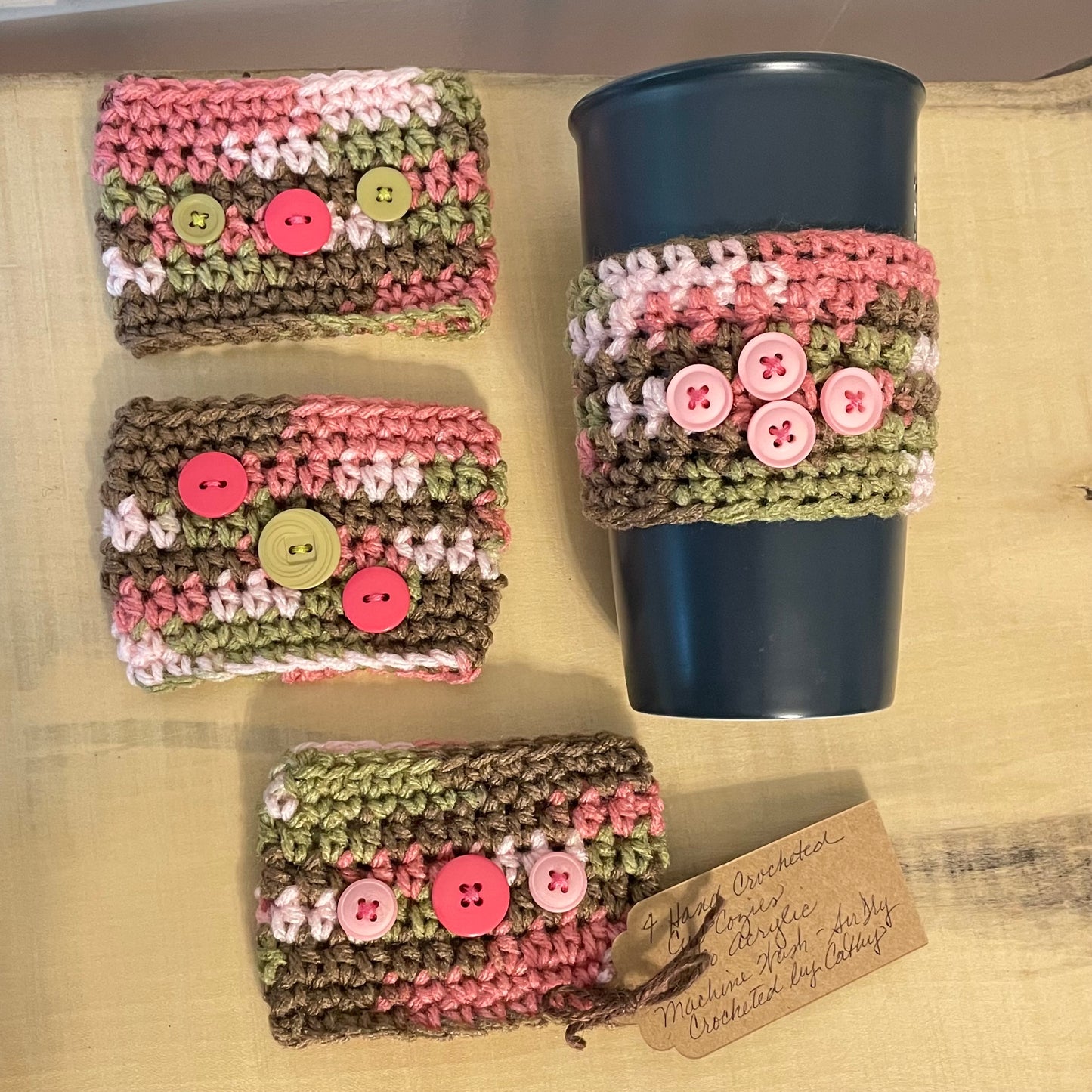 4 Pack Pink Camouflage Multicolor Cup Can Cozies Huggies Koozies Button Accent Hand Crocheted Camo Indoor Outdoor Host Hostess Party Casual Gift Set