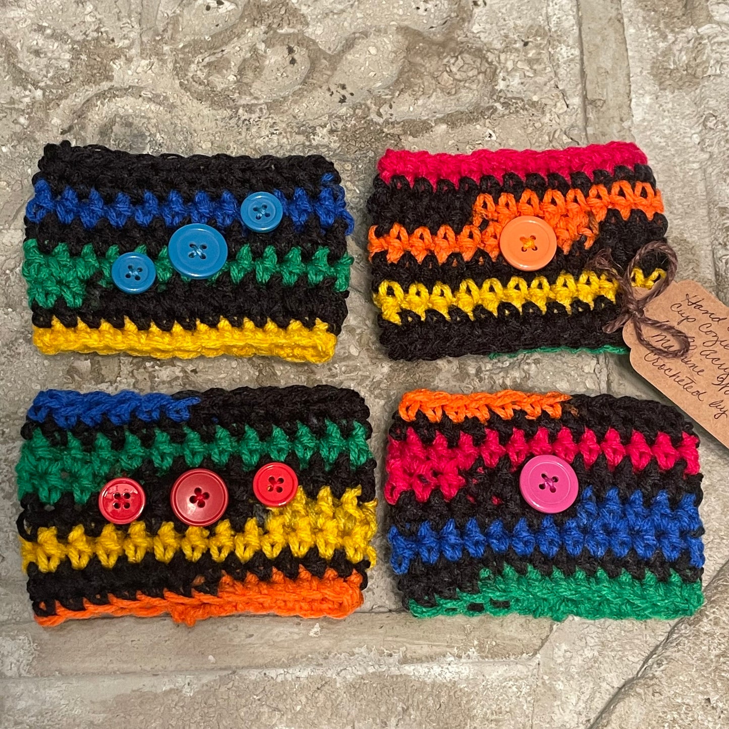 4 Pack Rainbow Multicolor Cup Can Cozies Huggies Koozies Button Accent Hand Crocheted Indoor Outdoor Host Hostess Party Casual Gift Set