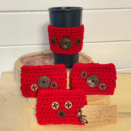4 Pack Red Cup Can Cozies Huggies Koozies Gear Accent Hand Crocheted Indoor Outdoor Host Hostess Party Casual Gift Set