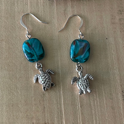 Handmade Blue Green Swirl Glass & Small Metal Turtle Dangle Earrings 2" Multicolored Women's Jewelry Casual Everyday Mom Sister Aunt Gift Birthday Holiday