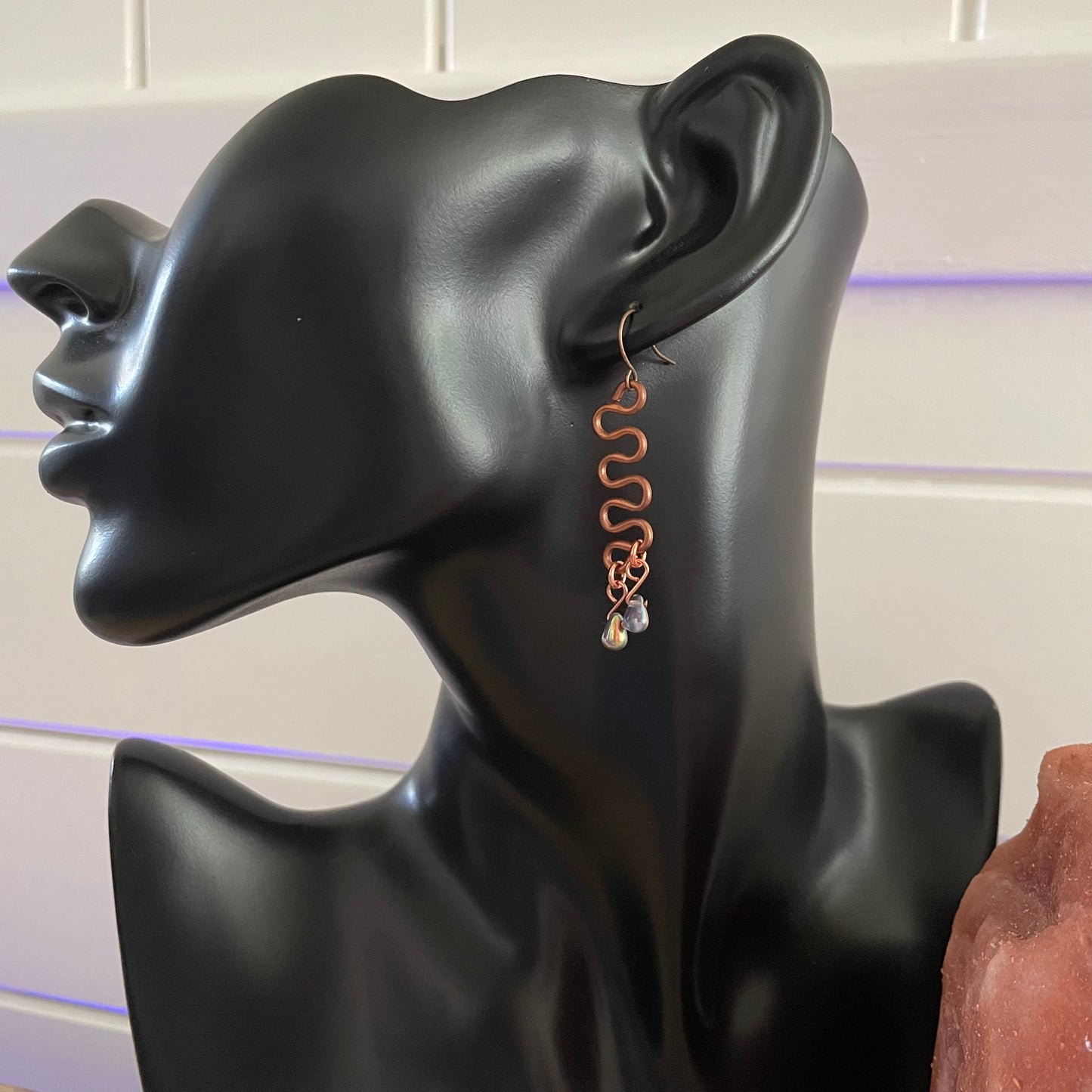 Hand Turned Copper Bar Dangle Earrings 2.25" Iridescent Metallic Teardrop Beads Women Gift Everyday Fashion Handmade Jewelry