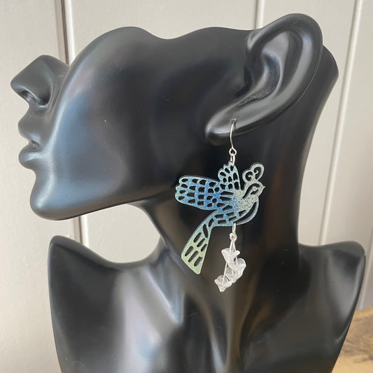 Oversize Laser Cut Bird & Dangling White Frosted Glass Flower Earrings 3.5" Hand Painted Lightweight Shiny Blue Spatter Off-White Women Gift Idea