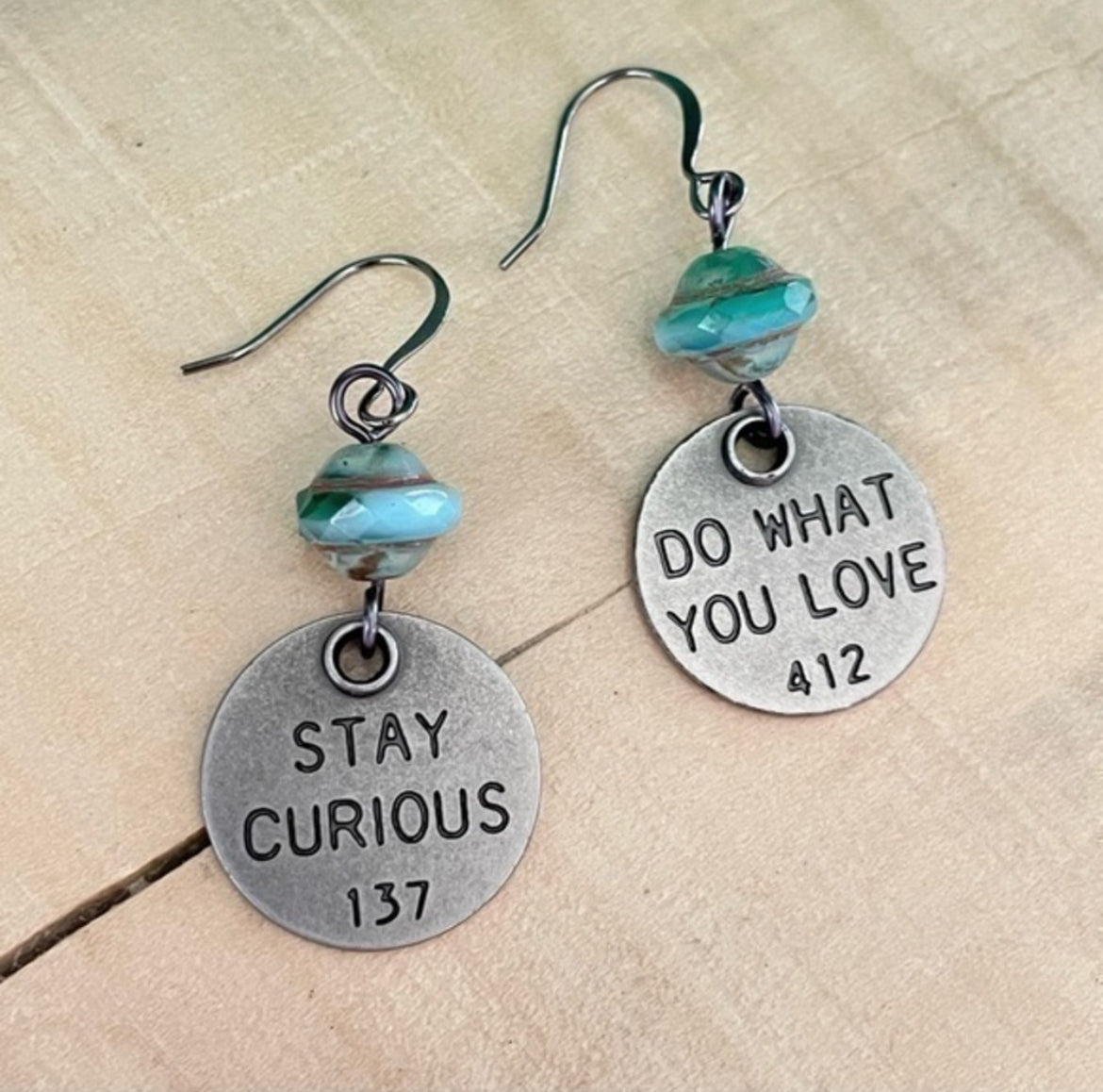 Handmade Mixed Stamped Metal Charm & Glass Bead Earrings Asymmetric Curious Love Inspiration Motivation Positive