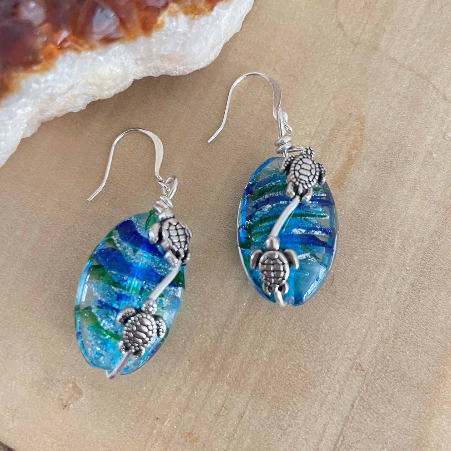 Swimming Mini Turtle Earrings Swirling Lampwork Glass Beads Handmade Blue Green Silver Mixed Metal Wire Wrapped