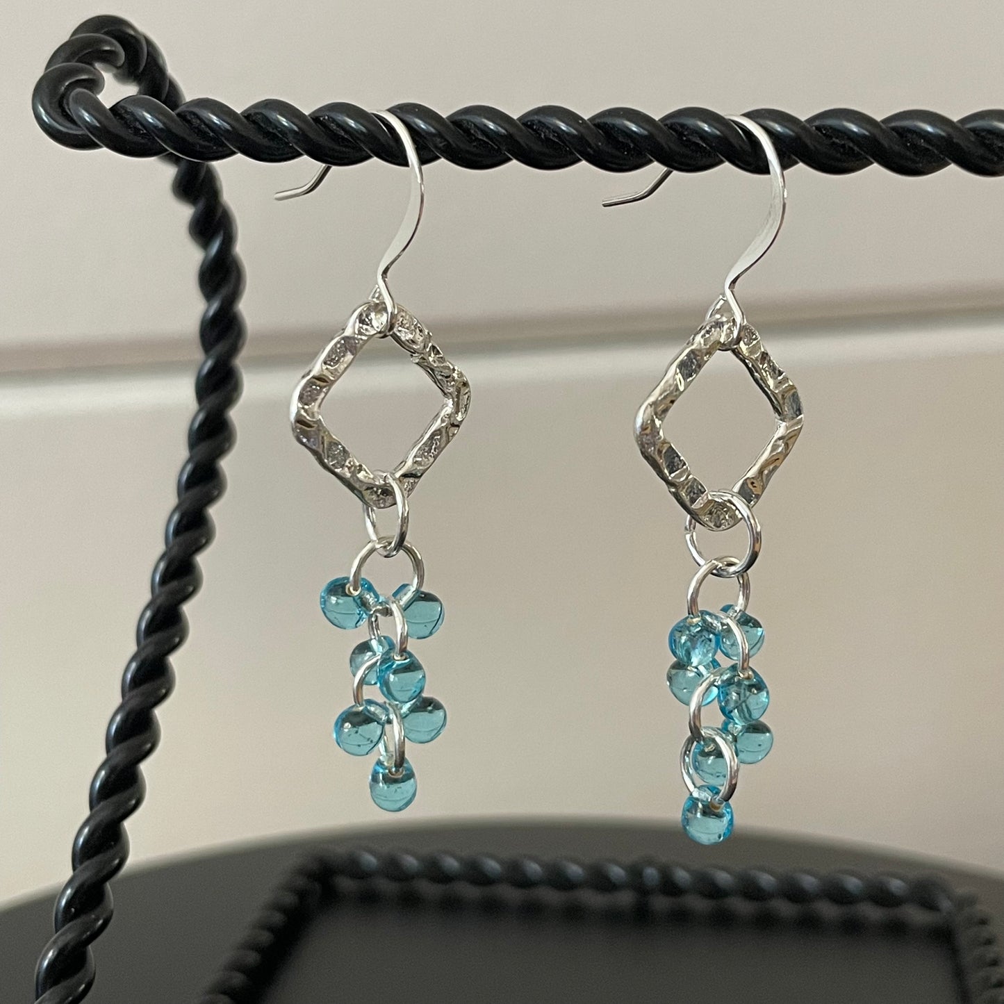 Textured Dangle Earrings Hand Crafted Geometric Light Blue Silver