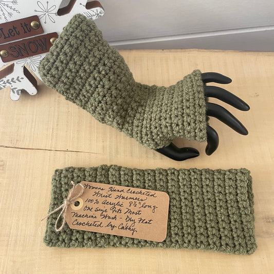 Moss Green Texting Fingerless Gloves Crochet Knit Fall Winter Hiking Walking Wrist Warmers Outdoor Camping Gaming