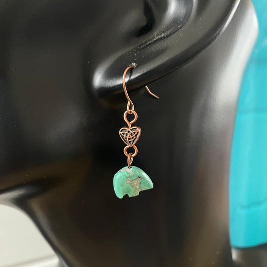 Handmade Carved Turquoise Bear Dangle Earrings 1.38" Copper Celtic Knot Heart Southwestern Western Animal