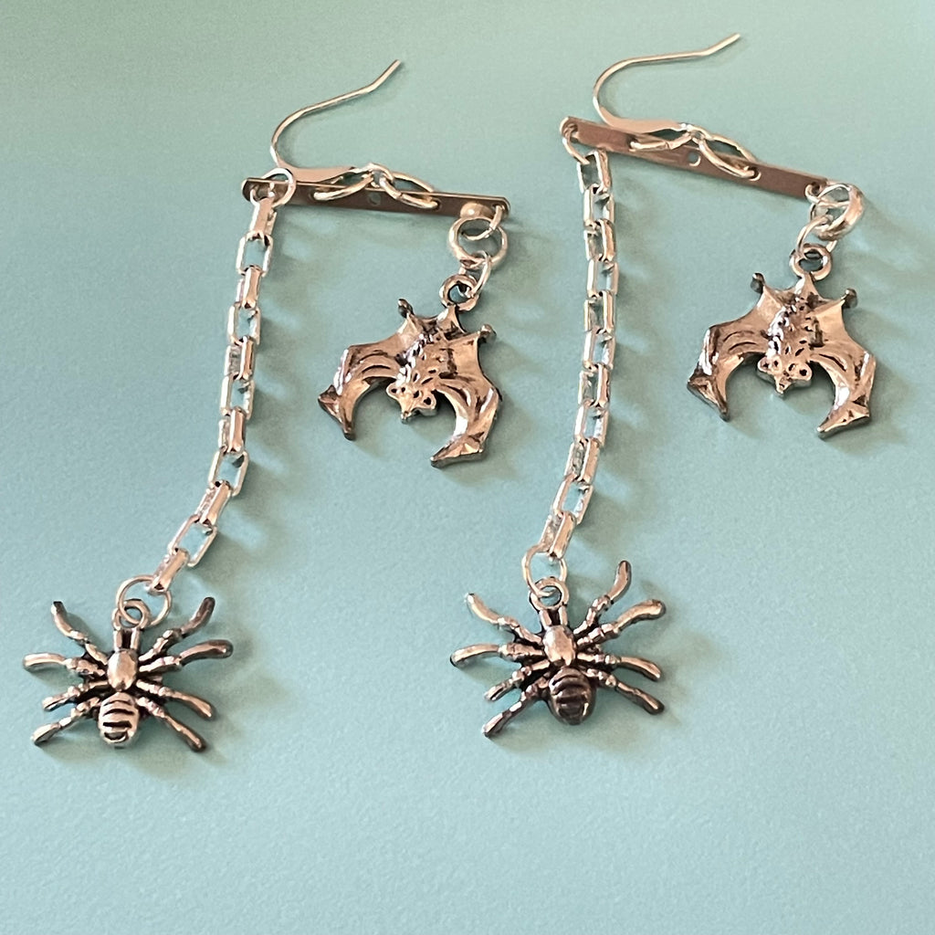 Bat & Spider Halloween Charm Chain Earrings Fun Holiday Casual Women's Jewelry 3"