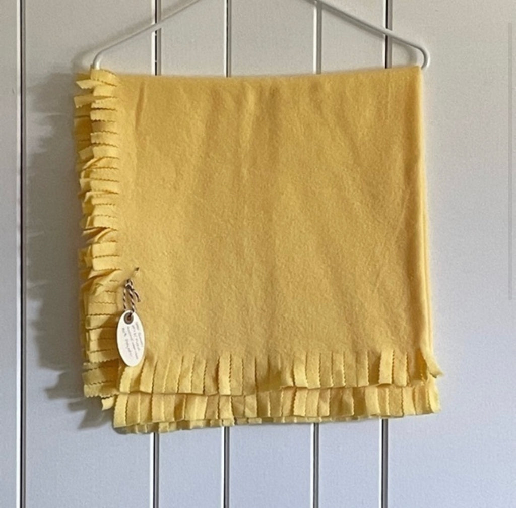 Hand Crafted Sunshine Yellow Fleece Baby Blanket NWT 29” x 31” Wide Fringe Kids Toddler Child Bedding Single Layer