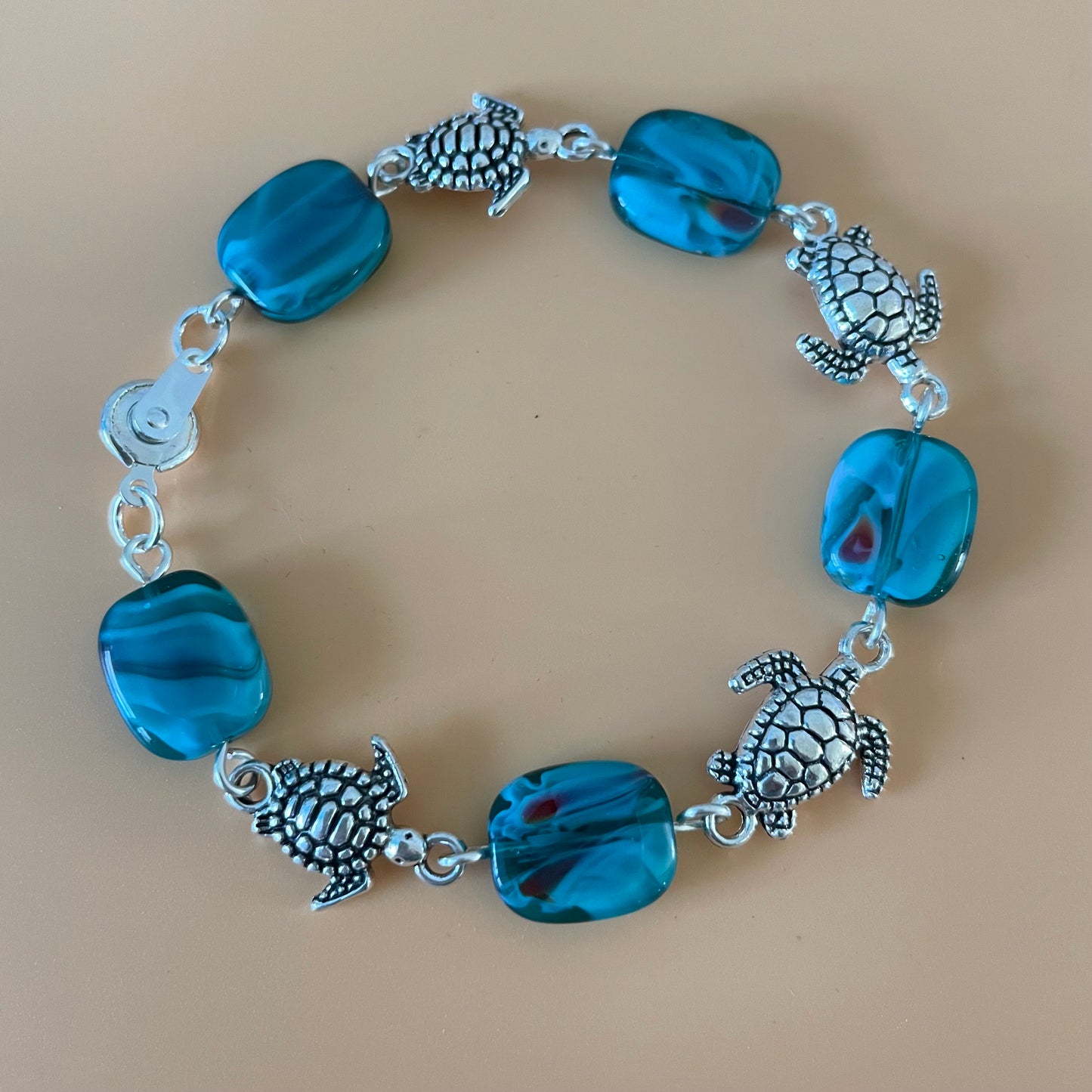Handmade Smoky Glass & Turtle Bracelet 7.5" Blue Green White Swirl Texture Chunky Metal