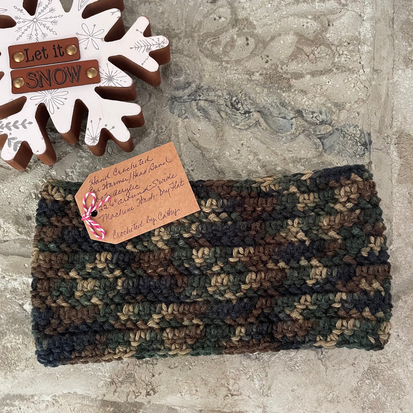 Extra Wide Camouflage Ear Warmer Wood Button Accent 22.25" Fall Winter Outdoor Headband Hand Crocheted Knit