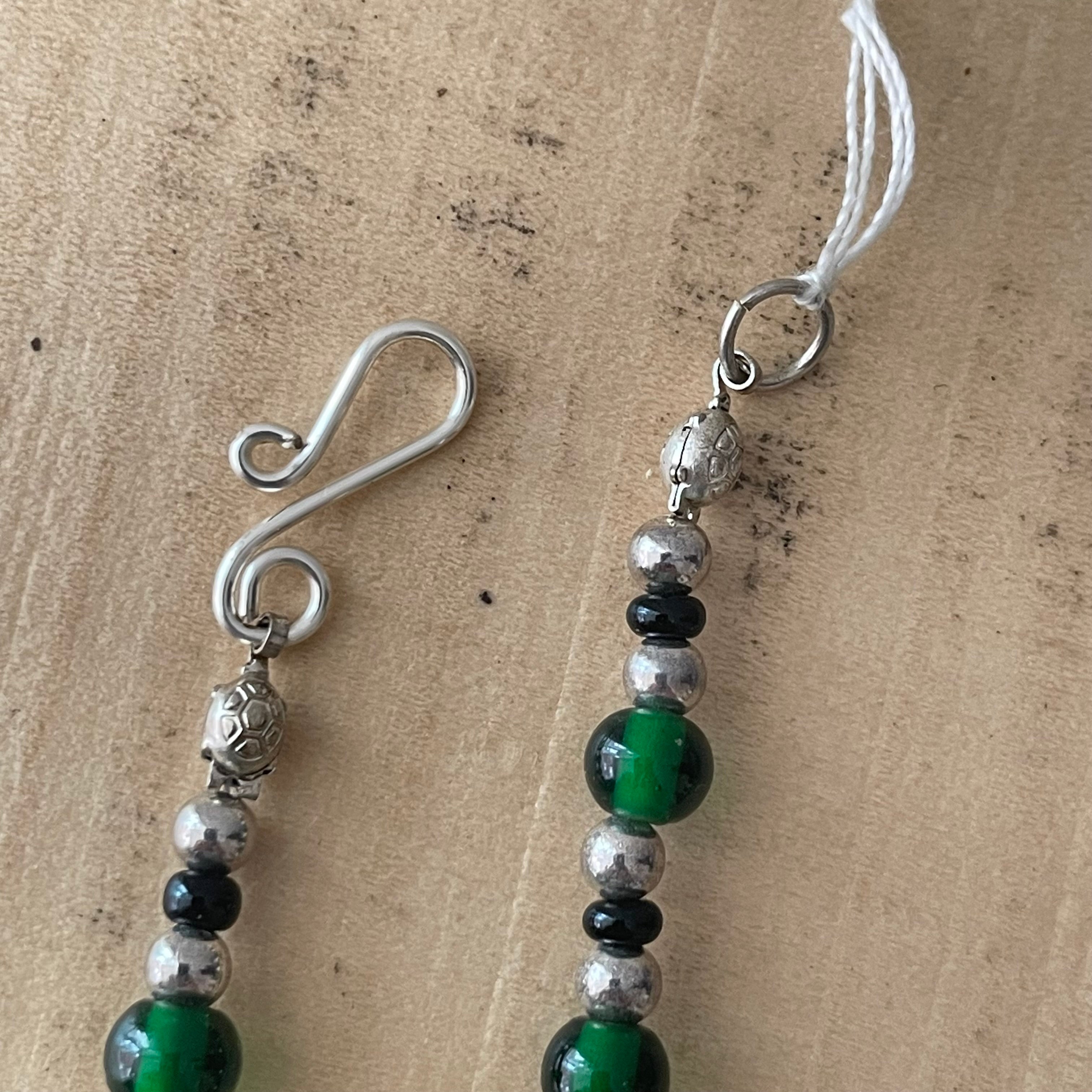 Small/Kids Glass Bead Necklace 14” Handmade Dark Green Silver Black Minimalist Gift Everyday Daily Wear Unisex