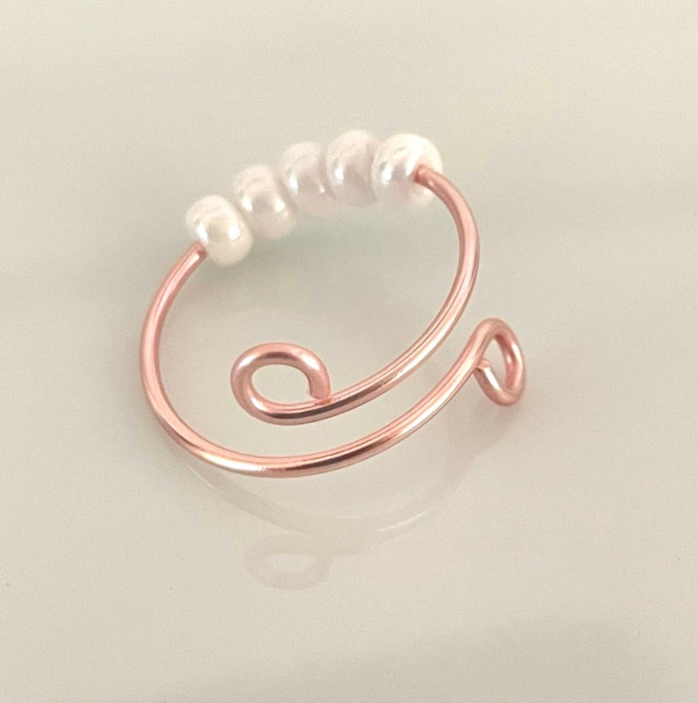 Single Adjustable Fidget Ring in Rose Copper/Pearlescent White Bead Anti Anxiety Stress Spinner Wire