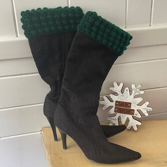 Boot Cuffs in Hunter Green Puff Stitch 13" Hand Crocheted Knit Fall Winter Hiking Indoor Outdoor Cozy Leg Warmers
