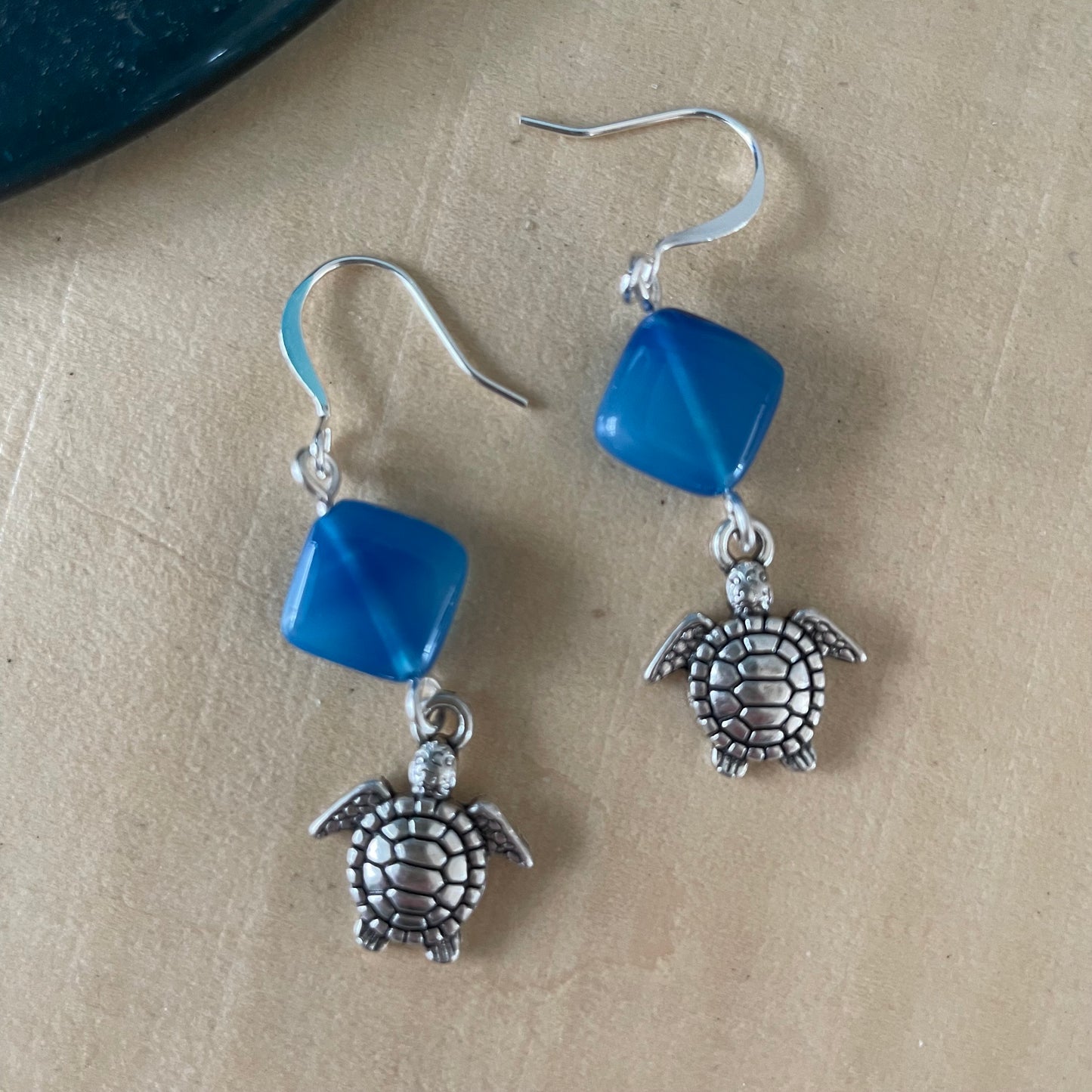 Handmade Blue Agate & Turtle Charm Earrings 1.75"  Geometric Ocean Sea Life Mixed Metal Minimalist Women Gift Everyday Fashion Jewelry