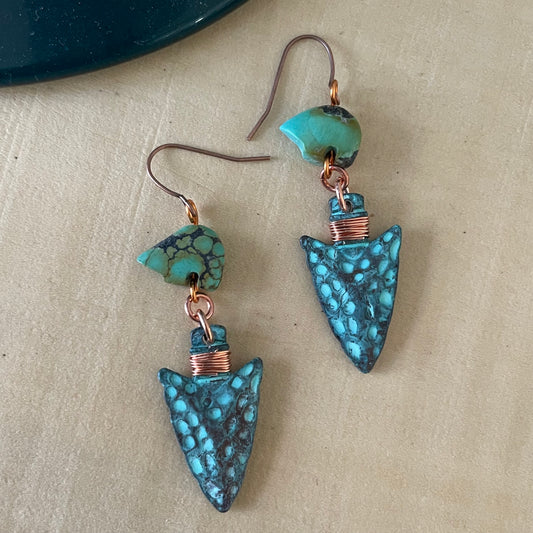 Handmade Carved Turquoise Bear & Arrowhead Earrings 2.5" Hammered Texture Copper Patina Southwestern Western