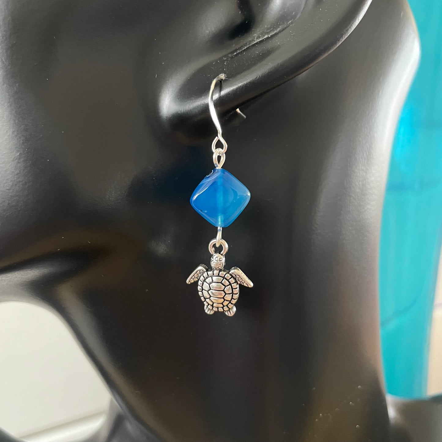 Handmade Blue Agate & Turtle Charm Earrings 1.75"  Geometric Ocean Sea Life Mixed Metal Minimalist