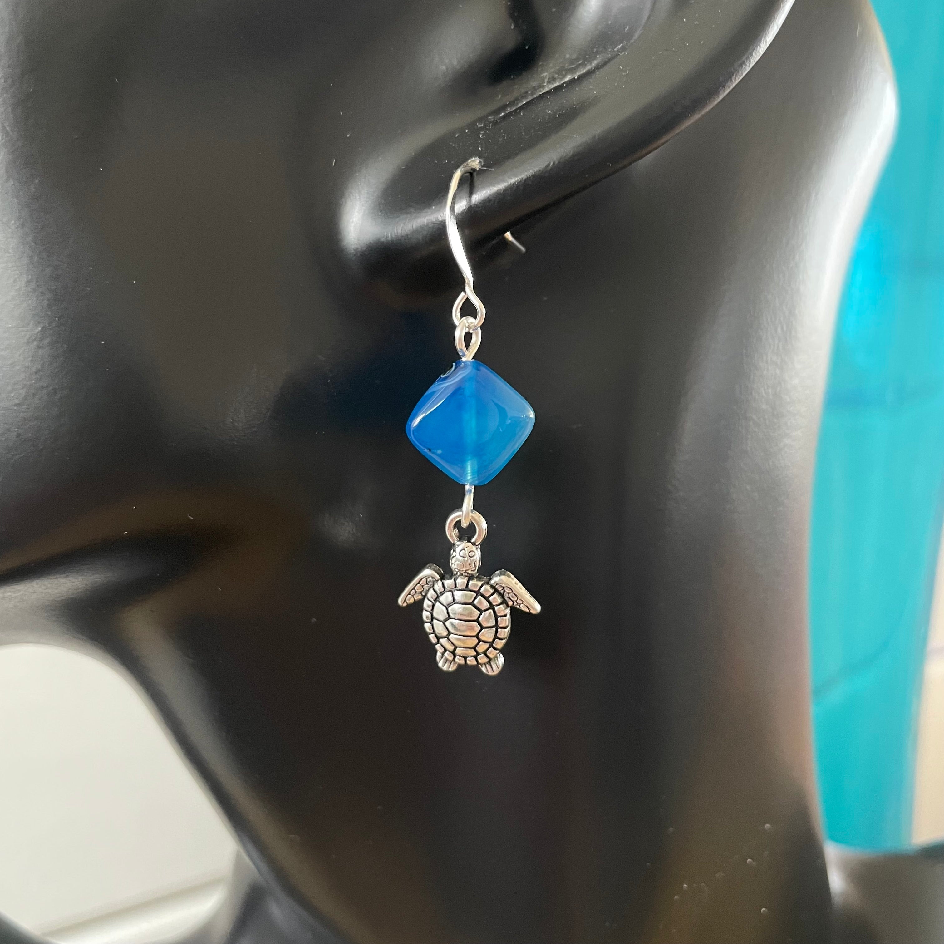 Handmade Blue Agate & Turtle Charm Earrings 1.75"  Geometric Ocean Sea Life Mixed Metal Minimalist Women Gift Everyday Fashion Jewelry
