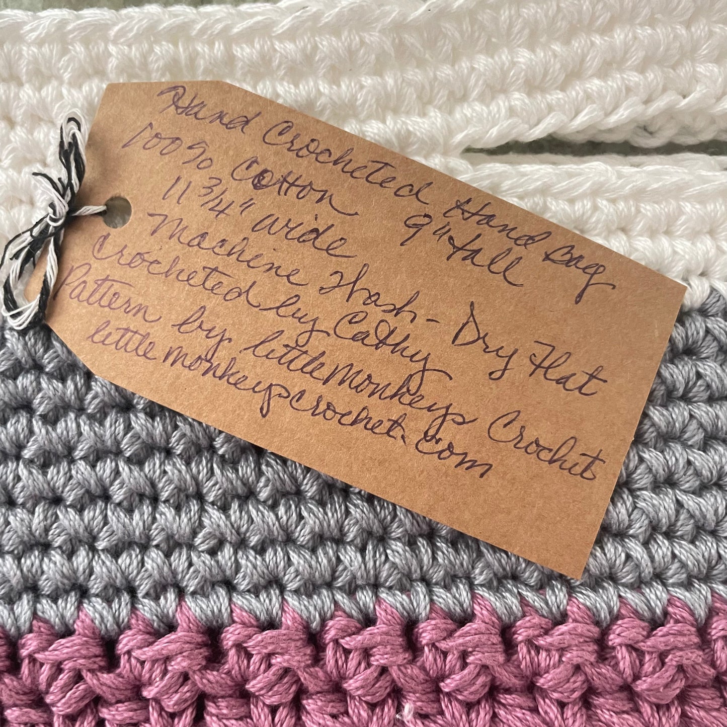 Colorblock Hand Crocheted Handled Purse Medium Knit Handbag Boho Minimalist Chic Cottagecore Violet White Gray 100% Cotton
