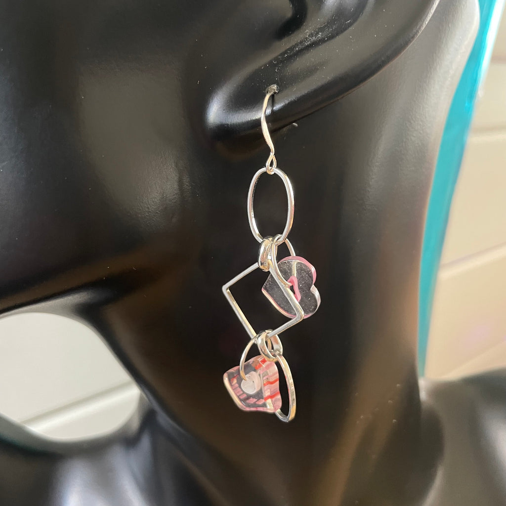 Handmade Cane Glass Heart Dangle Earrings 2.5" Geometric Clear Red Multicolor Valentine's Gift Idea Large Chain