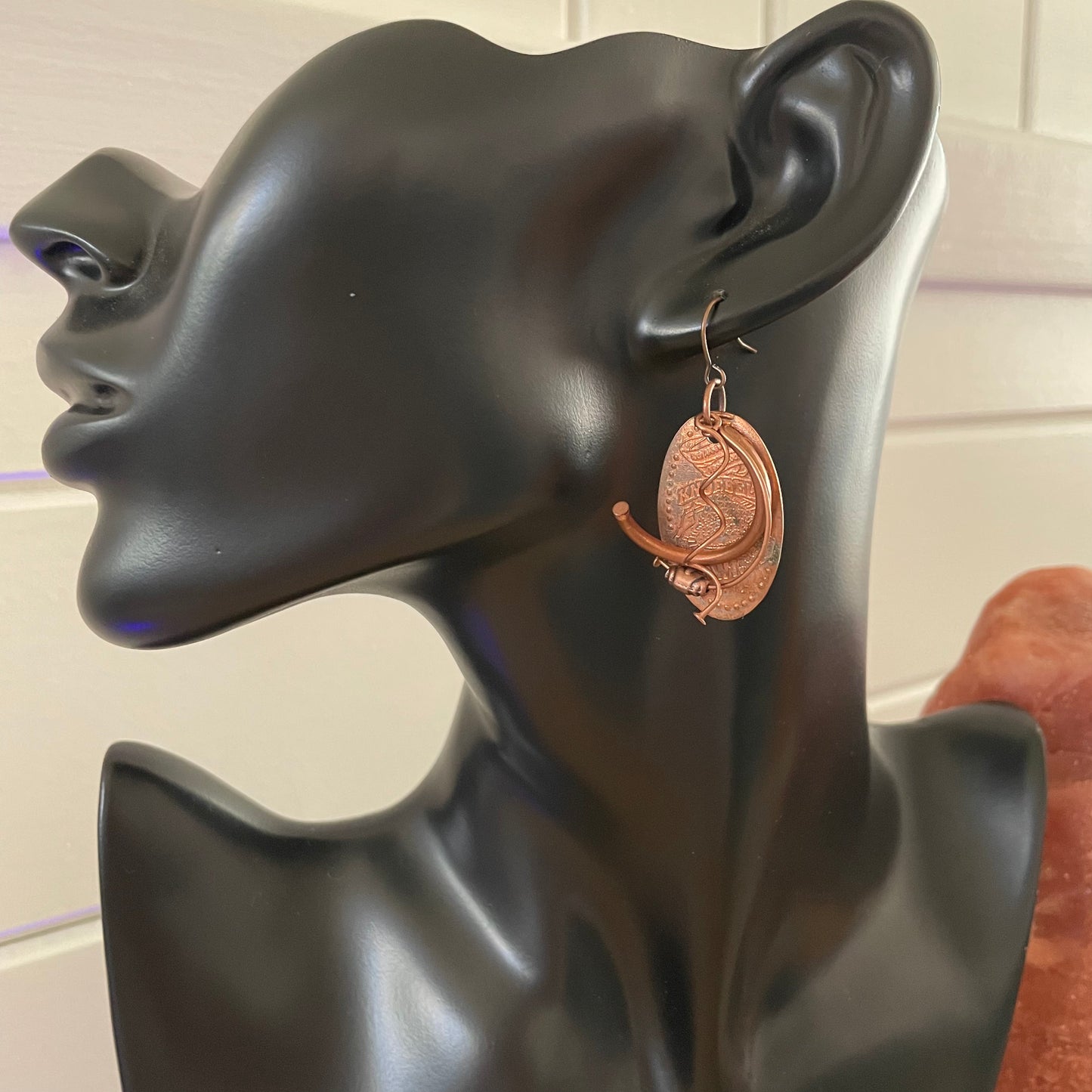 Flattened Penny & Copper Swirl Earrings 2" Handmade Statement Playful Casual Hand Turned Metal Wire