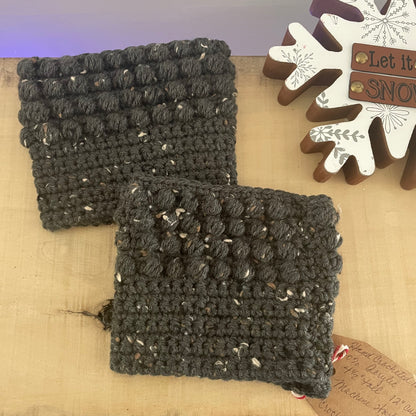 Boot Cuffs in Charcoal Speckled Tweed Puff Stitch 12" Hand Crocheted Knit Fall Winter Hiking Indoor Outdoor Cozy Leg Warmers Handmade Gift Accessory