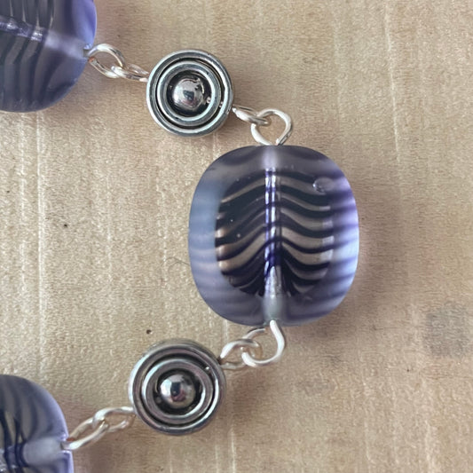 Purple Striped Glass & Silver Plated Bead Bracelet Hand Crafted Chunky Women's Jewelry Everyday Business Casual Mom Sister Aunt Gift Birthday Holiday Multicolor