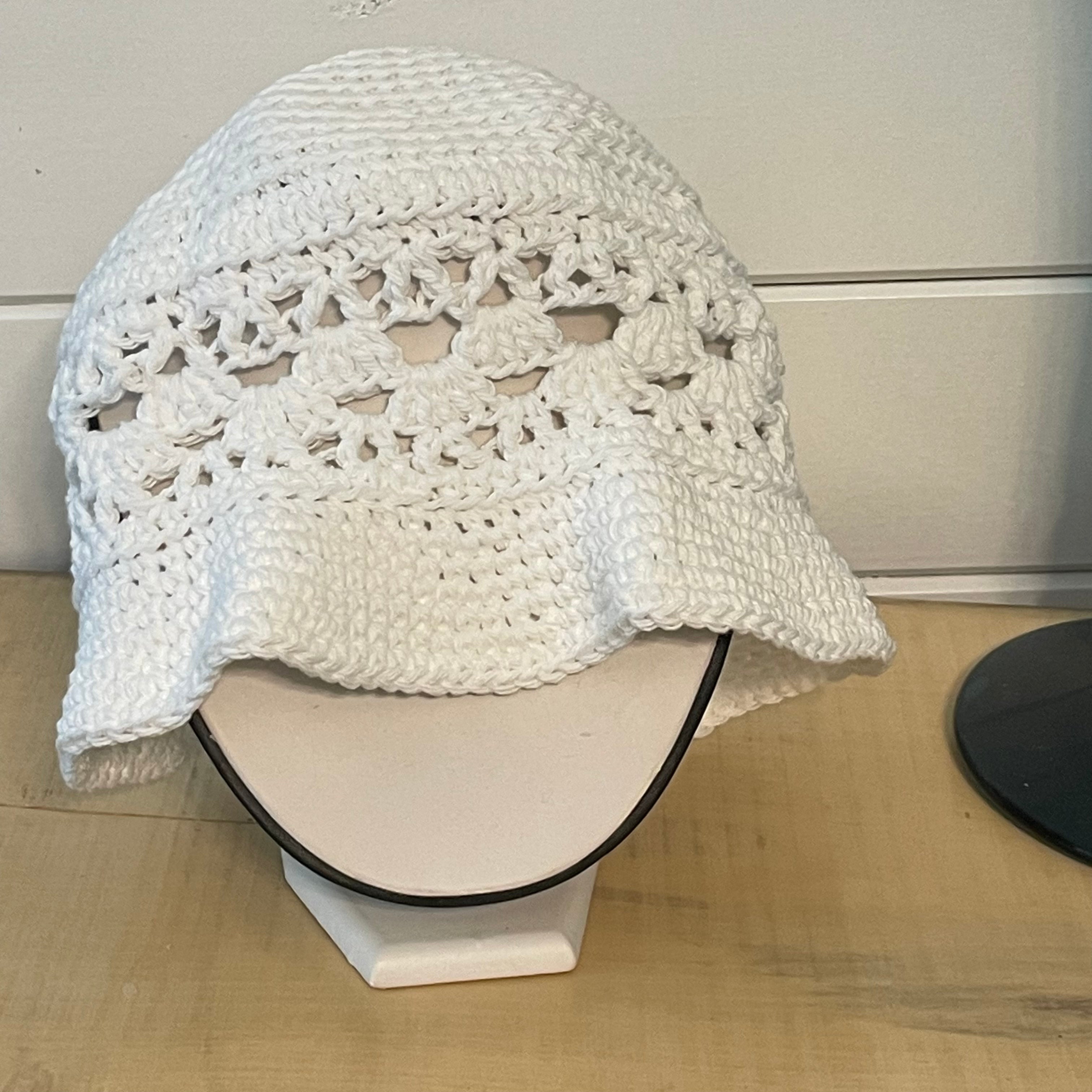 White Hand Crocheted Bucket Hat Vintage Retro Style 23.25" Outdoor Handmade Sun Beach Floppy Brim Open Stitch Band Accent Cotton Women Gift Accessory
