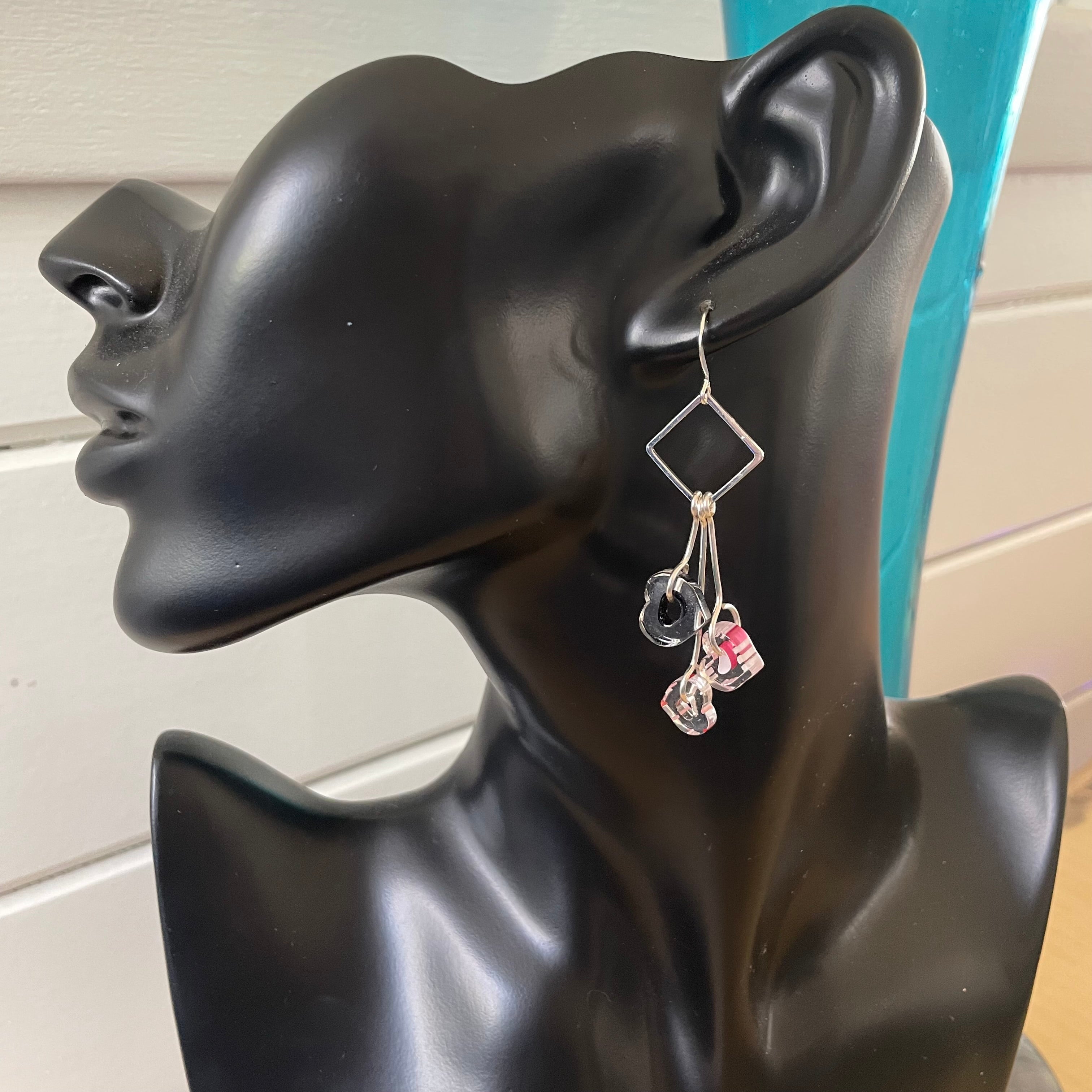 Cane Glass Heart Dangle Earrings 2.5" Long Clear Red White Black Red Clear Black Layered Handmade Women Gift Everyday Fashion Jewelry