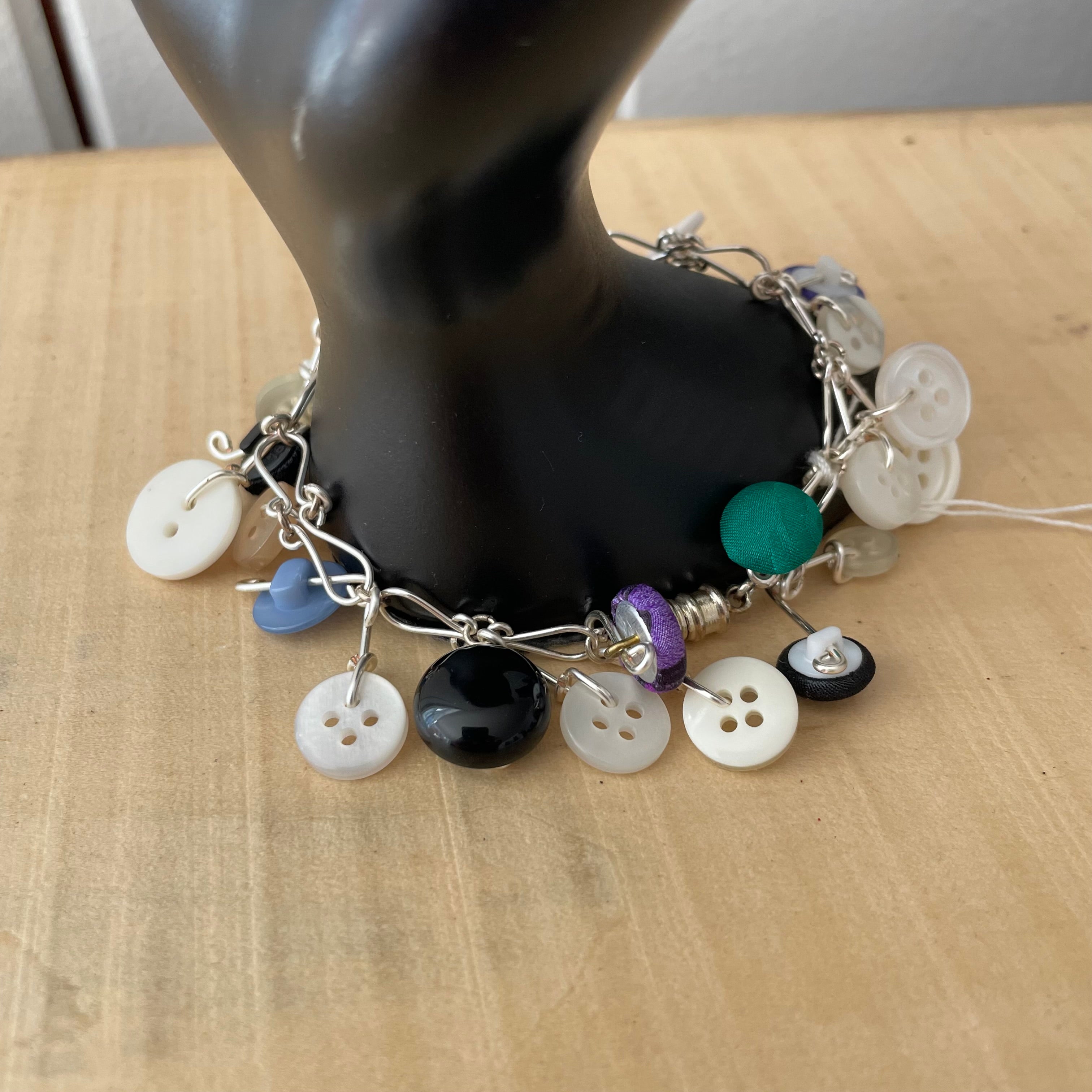 Vintage Button Dangle Bracelet 7.5” Handmade Link Women's Multicolor Chunky Jewelry Gift Repurposed Upcycled