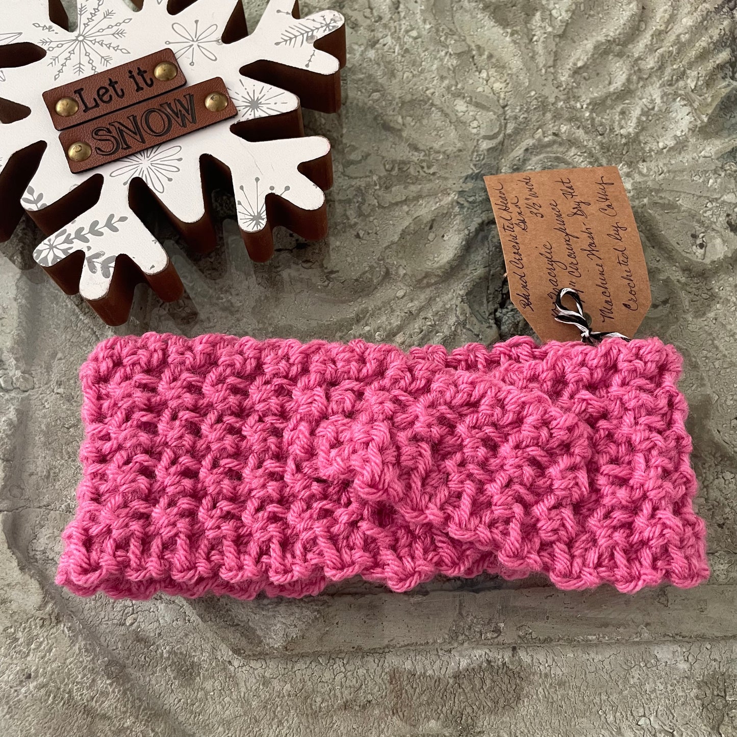 Hand Crocheted Pink Twist Ear Warmer 19" Spring Fall Winter Headband Neon Bold Knit Vintage Retro Style Outdoor Neon