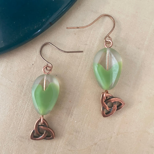Copper Trinity Knot & Ombre Pale Green Glass Swirl Earrings 1.75" Semi-Translucent Celtic Triquetra Dangle