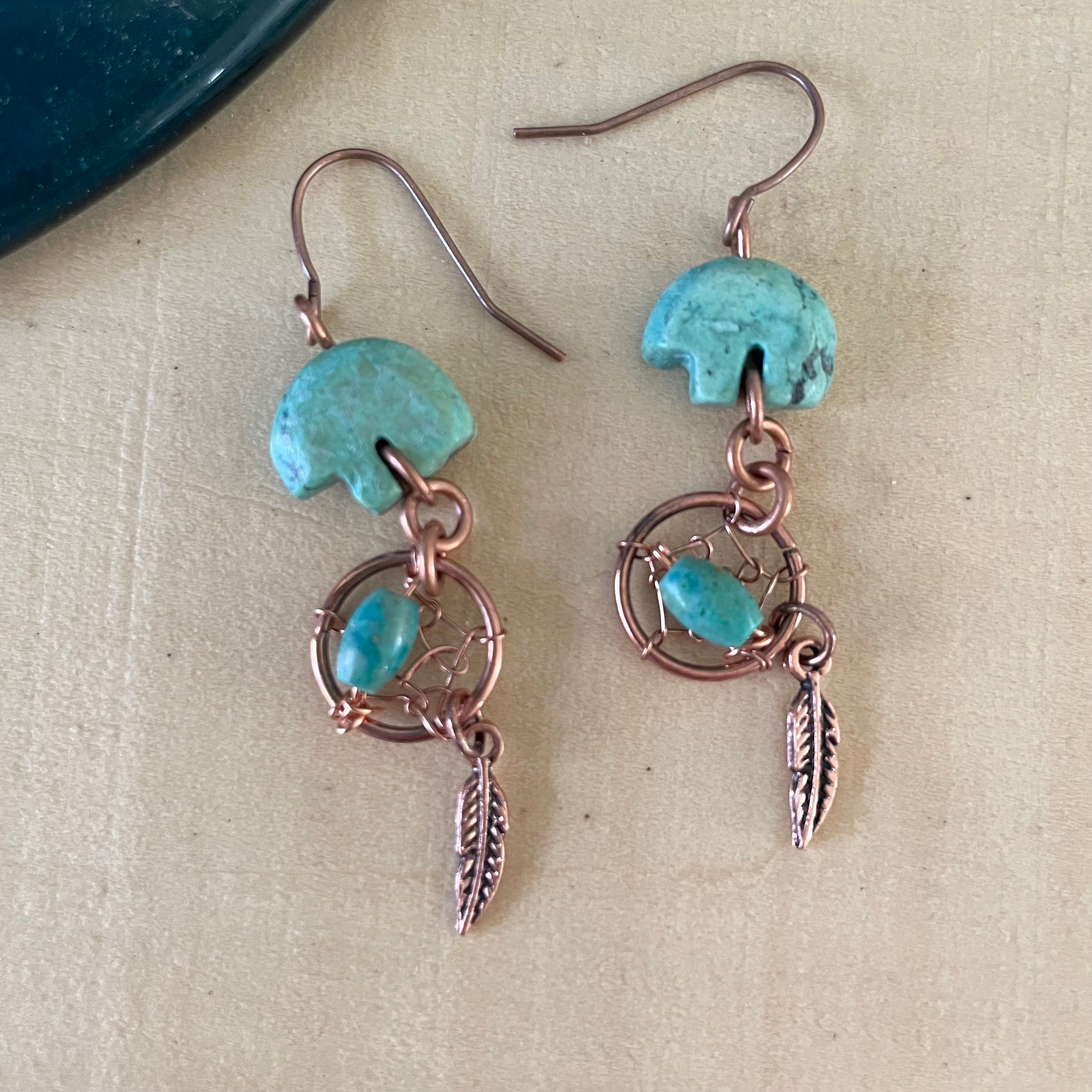 Handmade Carved Turquoise Bear & Dreamcatcher Earrings 2" Dangle Feather Copper Southwest Western