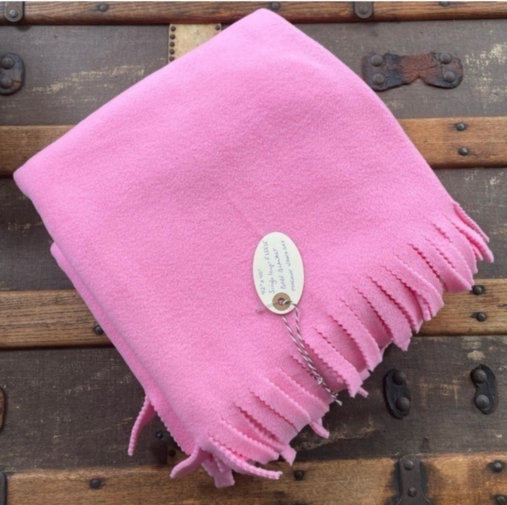 Hand Crafted Pink Fleece Baby Blanket NWT 42” x 40” Wide Fringe Kids Toddler Child Bedding Single Layer