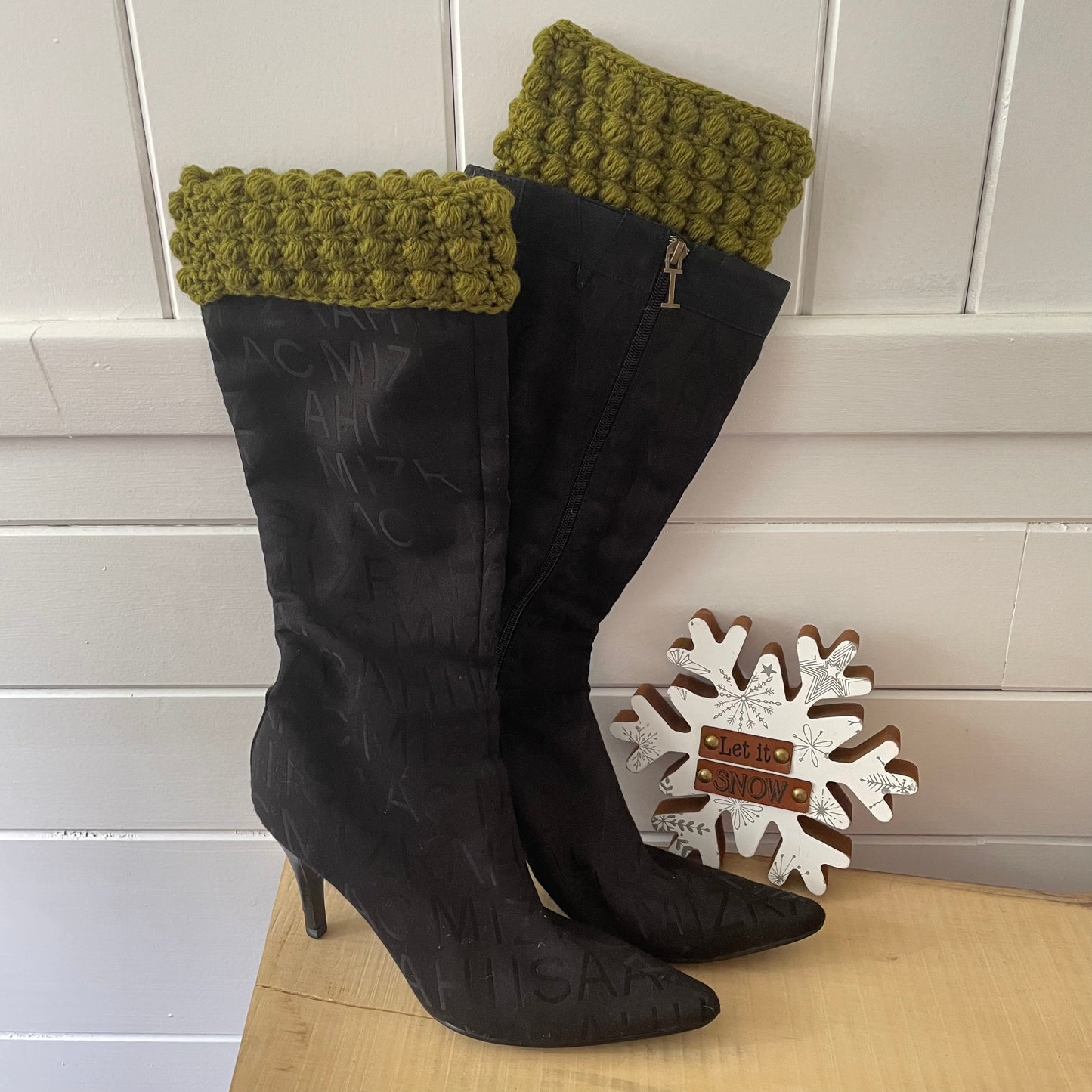 Boot Cuffs in Olive Green Puff Stitch 12" Hand Crocheted Knit Fall Winter Hiking Indoor Outdoor Cozy