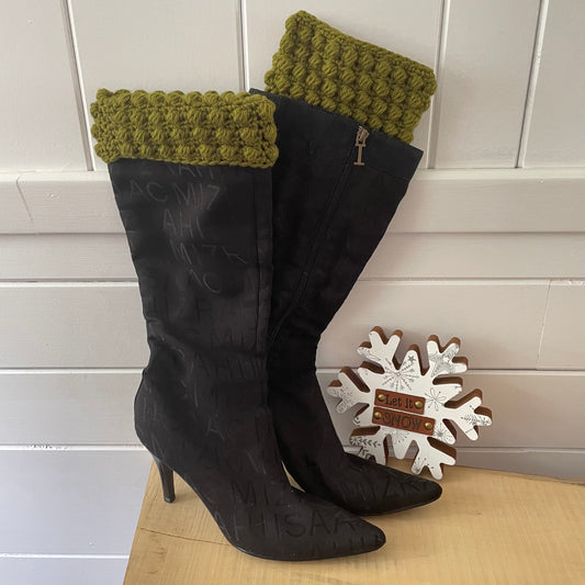 Boot Cuffs in Olive Green Puff Stitch 12" Hand Crocheted Knit Fall Winter Hiking Indoor Outdoor Cozy Women Handmade Gift