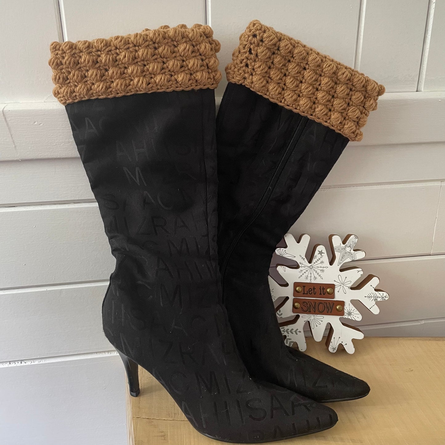 Boot Cuffs in Brown Sugar Puff Stitch 12" Hand Crocheted Knit Fall Winter Hiking Indoor Outdoor Cozy Leg Warmers