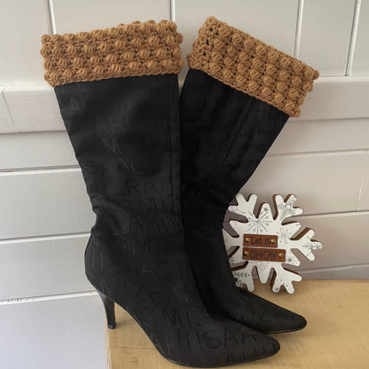 Boot Cuffs in Brown Sugar Puff Stitch 12" Hand Crocheted Knit Fall Winter Hiking Indoor Outdoor Cozy Leg Warmers Handmade Gift Accessory