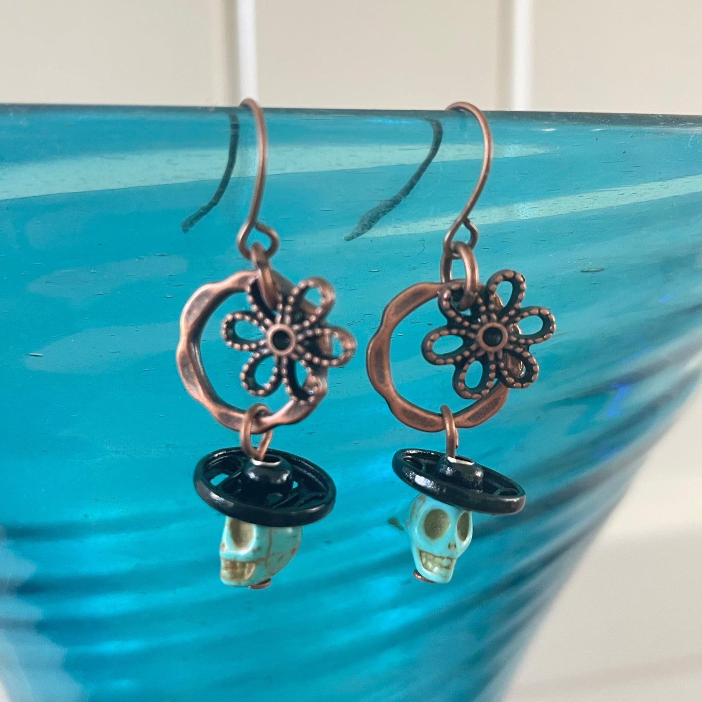 Skull Flower & Snap Sombrero Dangle Earrings Magnesite Copper Black Blue Lightweight Upcycled