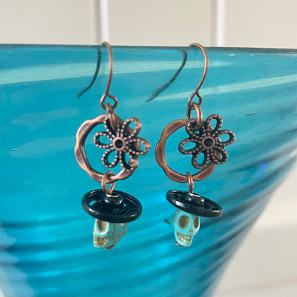 Skull Flower & Snap Sombrero Dangle Earrings Magnesite Copper Black Blue Lightweight Upcycled Women Gift Everyday Fashion Handmade Jewelry