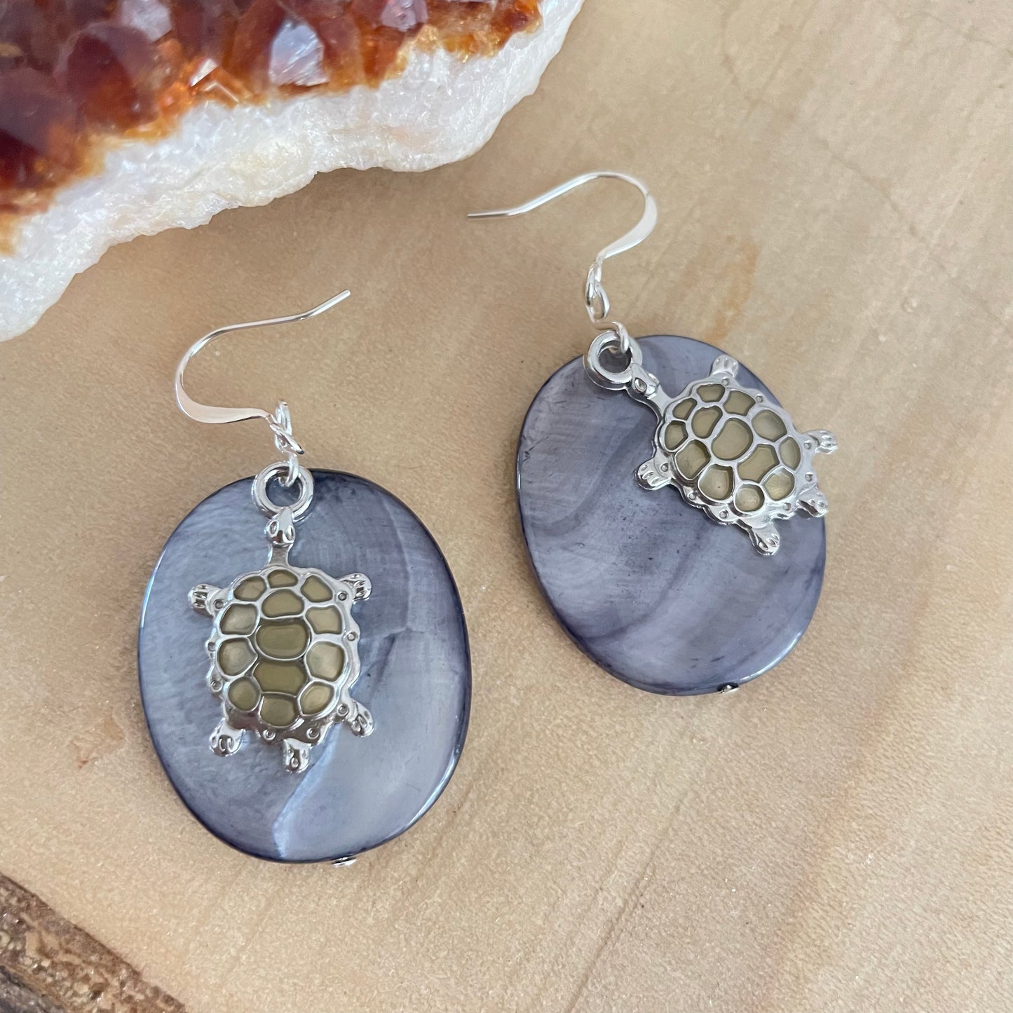 Iridescent Oval Shell & Mixed Metal Turtle Charm Earrings Handmade Geometric Large Statement Ocean Sea Life Gray Grey Silver Mother of Pearl