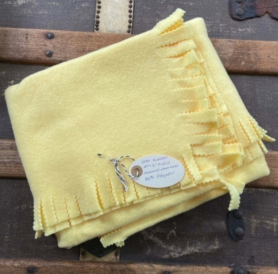 Hand Crafted Sunshine Yellow Fleece Baby Blanket NWT 29” x 31” Wide Fringe Kids Toddler Child Bedding Single Layer