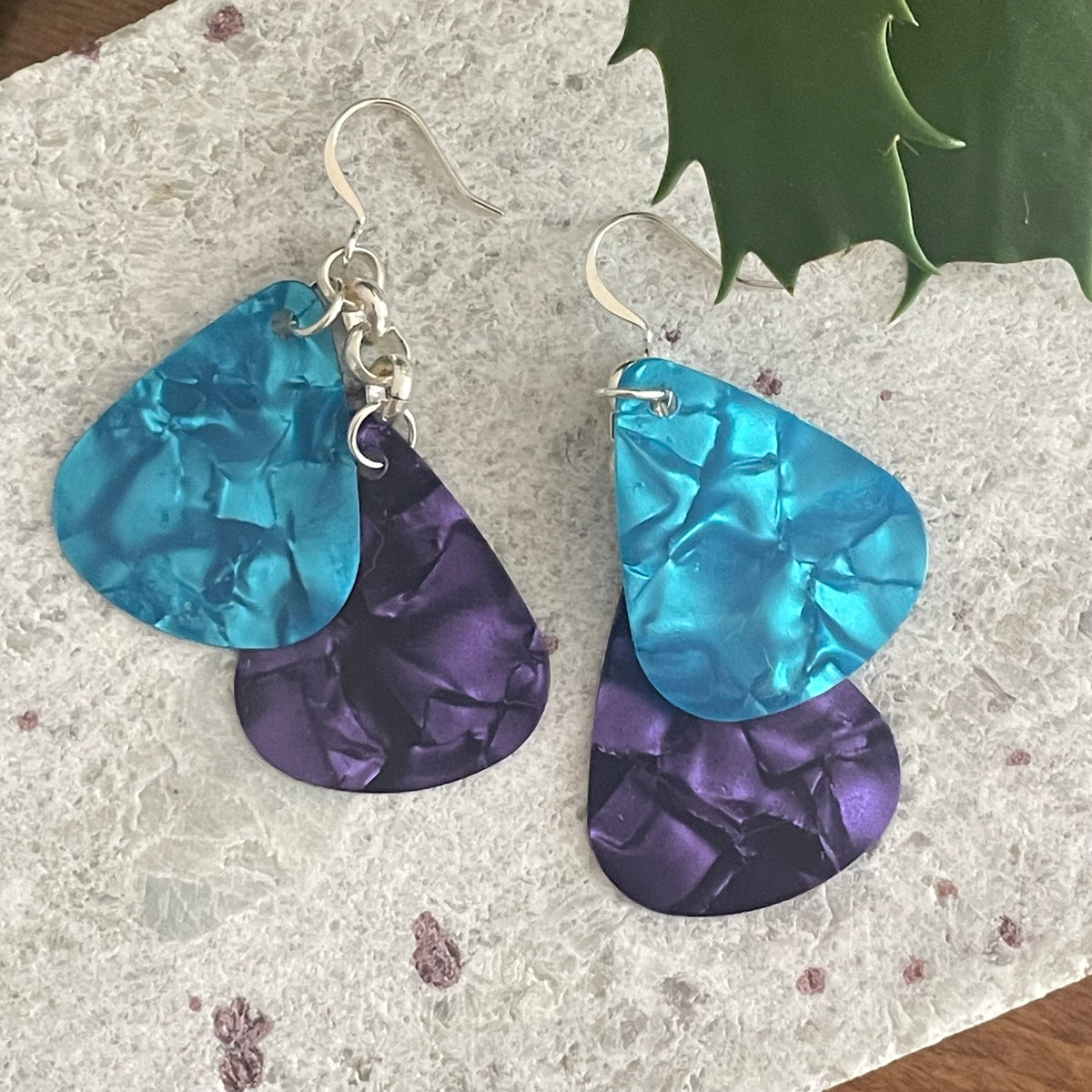 Blue & Purple Guitar Pick Earrings Casual Jewelry Musician Gift Idea Lightweight Dangles Fun Upcycled Repurposed