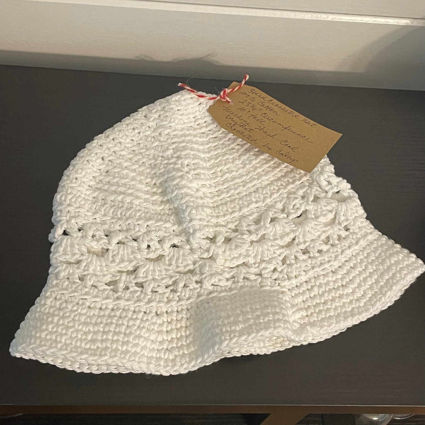 White Hand Crocheted Bucket Hat Vintage Retro Style 23.25" Outdoor Handmade Knit Sun Beach Floppy Brim Open Stitch Band Accent Cotton