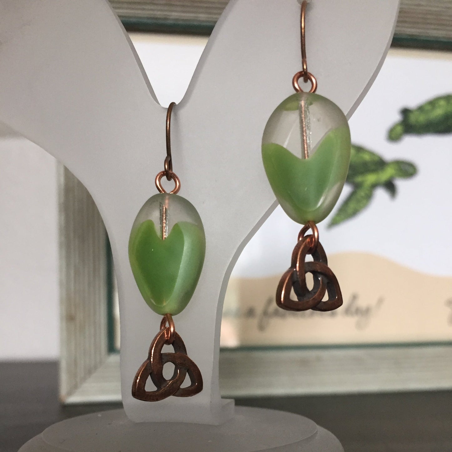 Copper Trinity Knot & Ombre Pale Green Glass Swirl Earrings 1.75" Semi-Translucent Celtic Triquetra Dangle