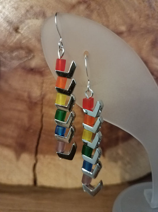Rainbow Frosted Glass & Metal Chevron Earrings 2" Statement Colorful Geometric Pride LGBTQ Ally Hand Crafted 
