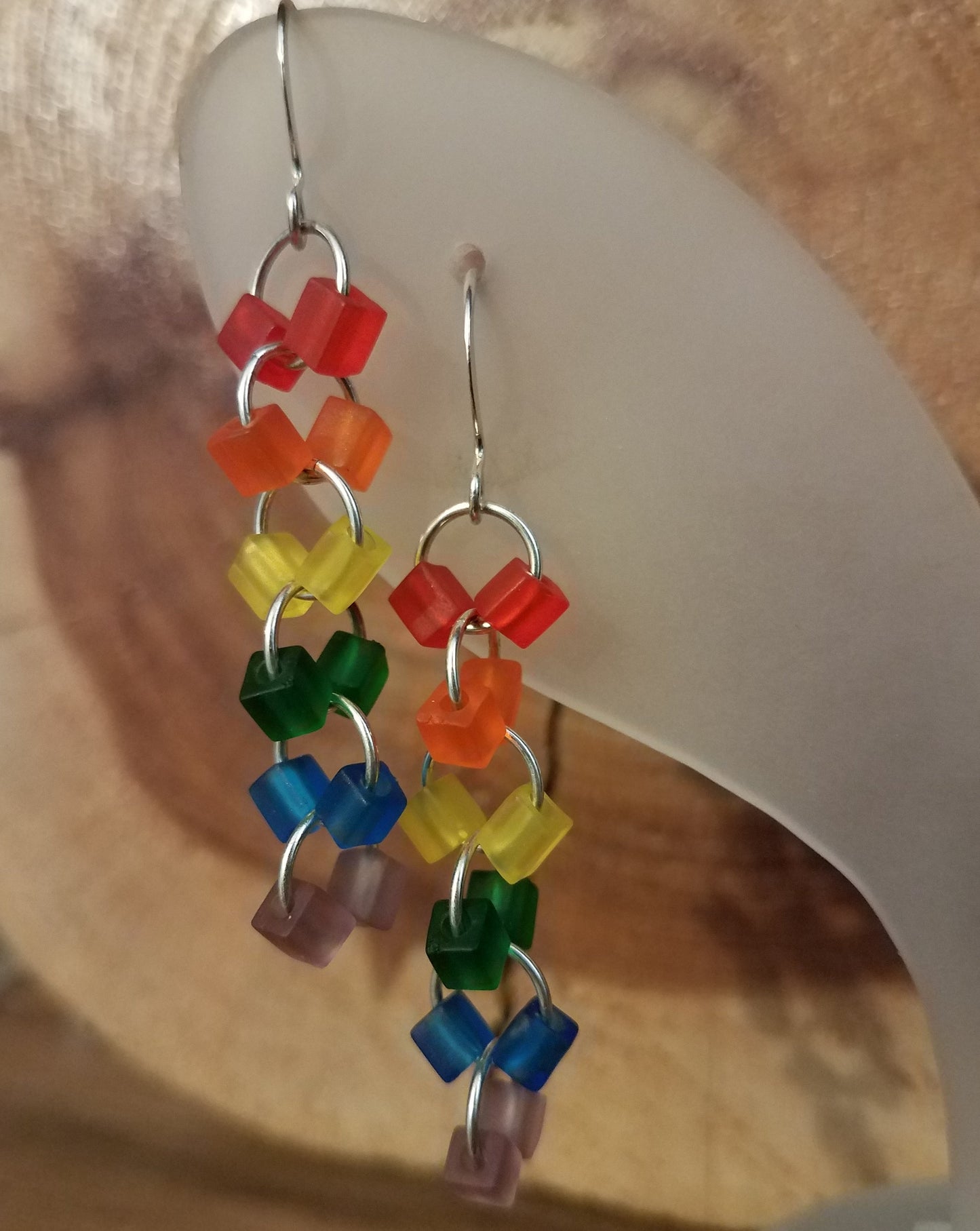 Rainbow Frosted Glass Geometric Link Dangle Earrings 2" LGBTIA Hand Crafted Colorful Ally Pride Flag